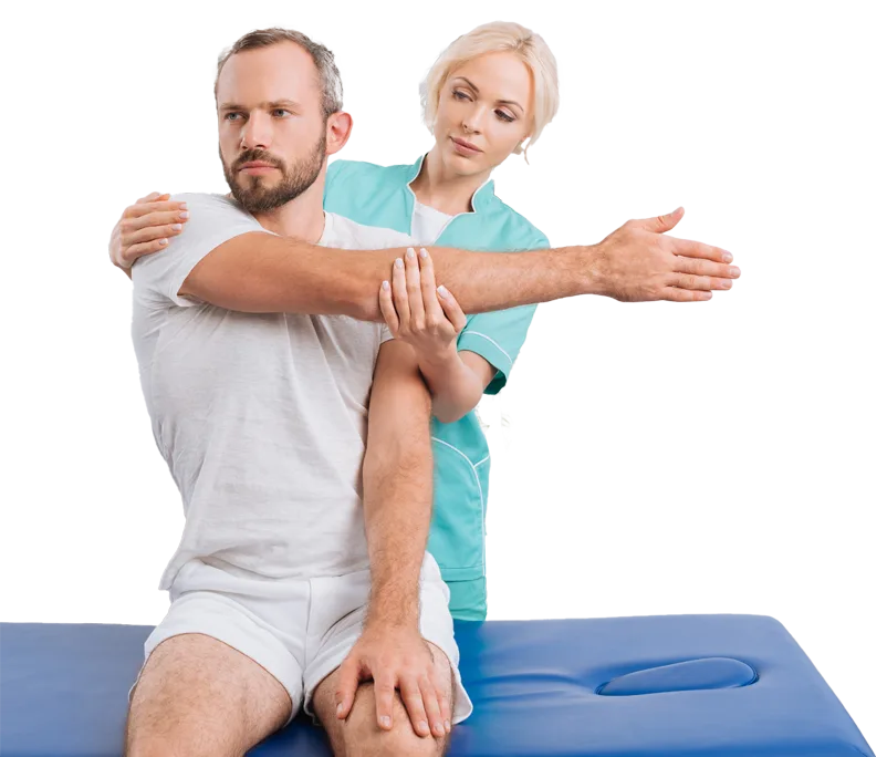 A clinician guiding a patient through a shoulder stretch