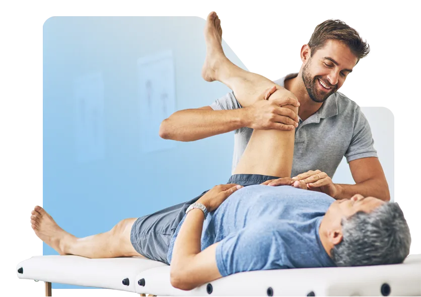 A physiatrist assessing a patient’s hip mobility