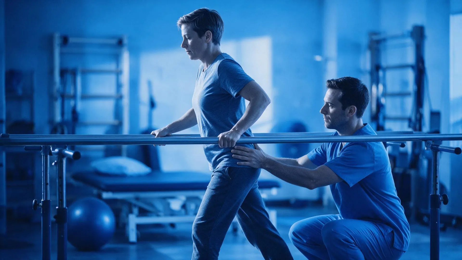 A physiatrist guiding a patient through a supported leg stretch