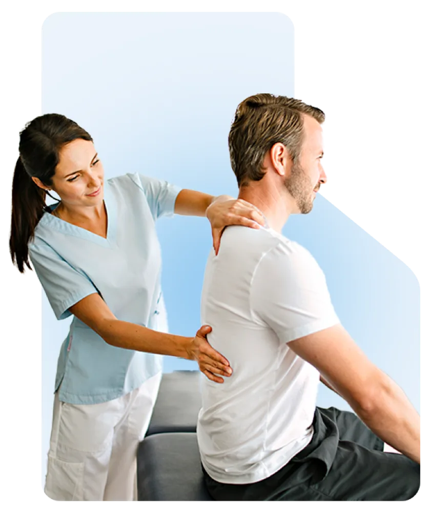 A clinician assessing a patient's back and shoulder mobility